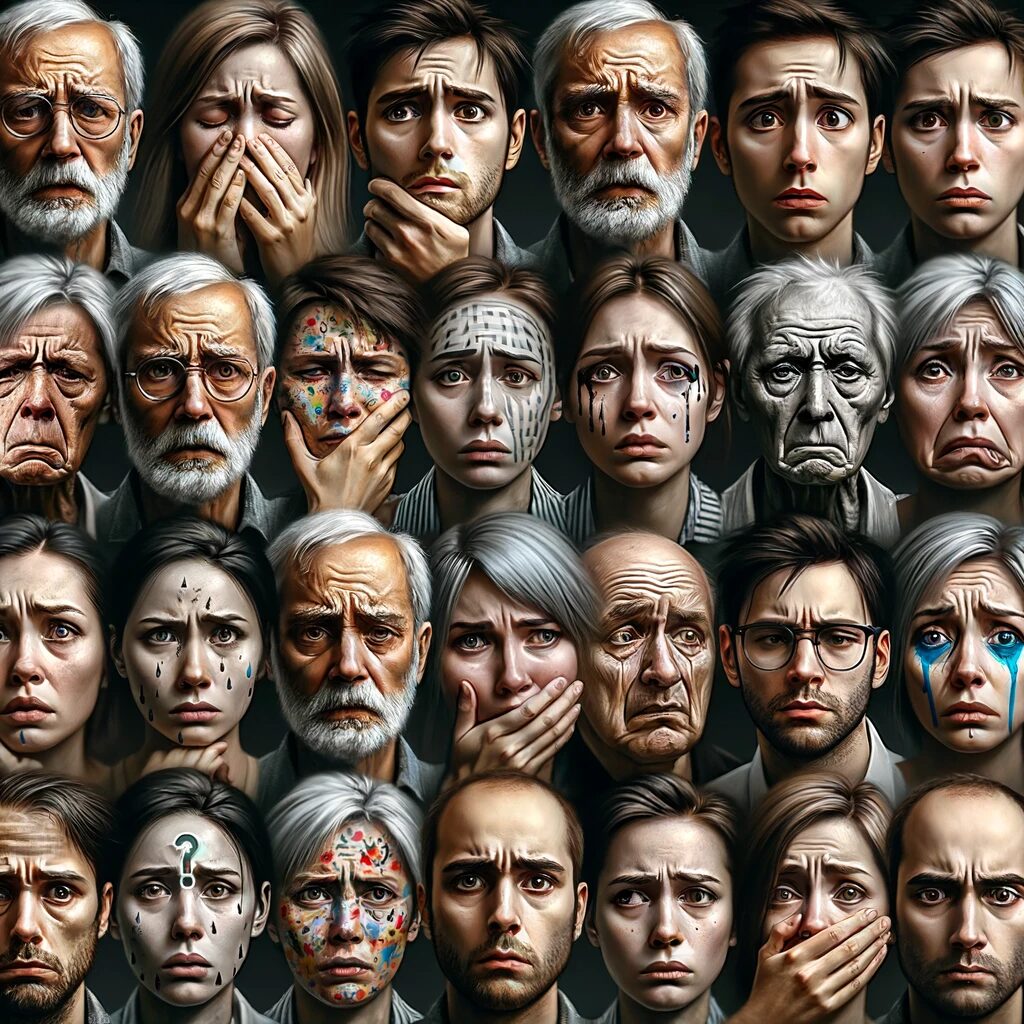 DALL·E 2024 01 23 16.29.56 An image depicting various facial expressions representing different symptoms of anxiety. The image should show a collage of diverse faces, each expre